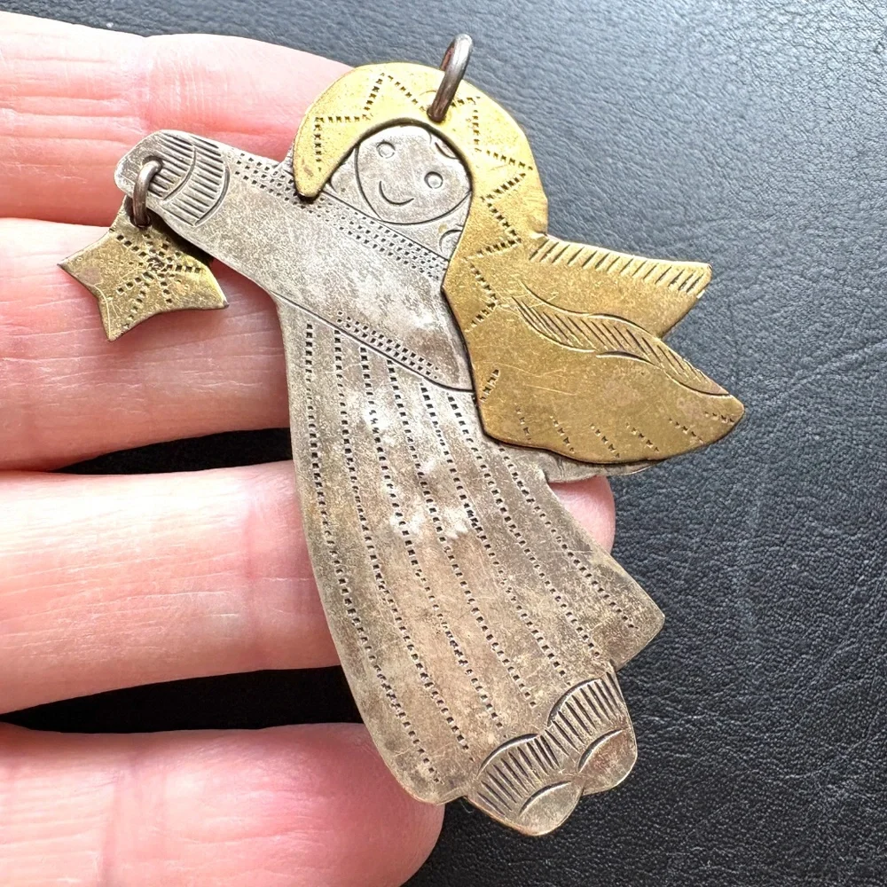 necklace angel star wings silver brass handmade vintage folk art 54